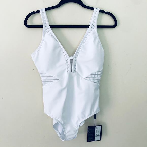 New JETS Jessika Allen Parallels Plunge V-Neck One-Piece Swimsuit White Size 8 - Picture 4 of 8